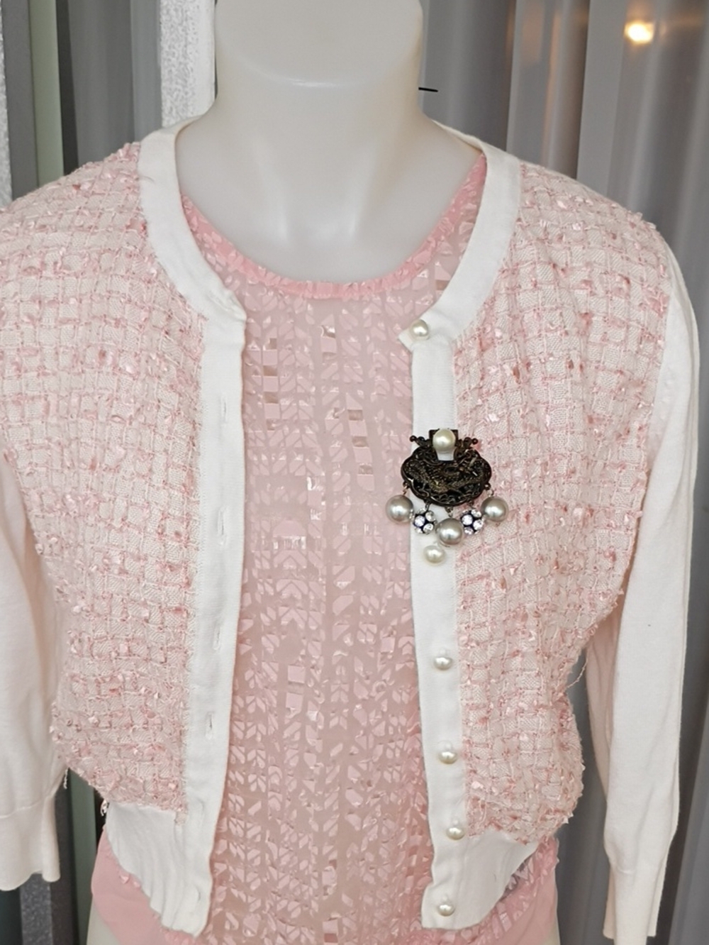 Karl Lagerfeld Pink and White Tweed-Front Cardigan